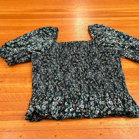 J. Crew blue:green black floral smocked peplum short sleeve top - Picture 2 of 4